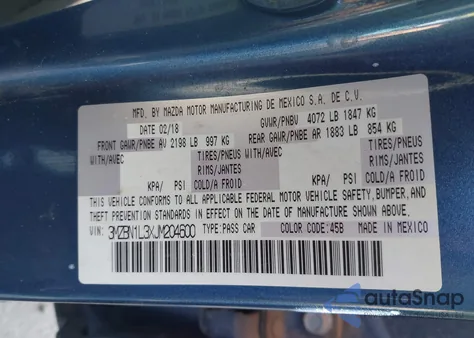 2018 Mazda Mazda3 Touring из США, поврежденный, VIN 3MZBN1L3XJM204600